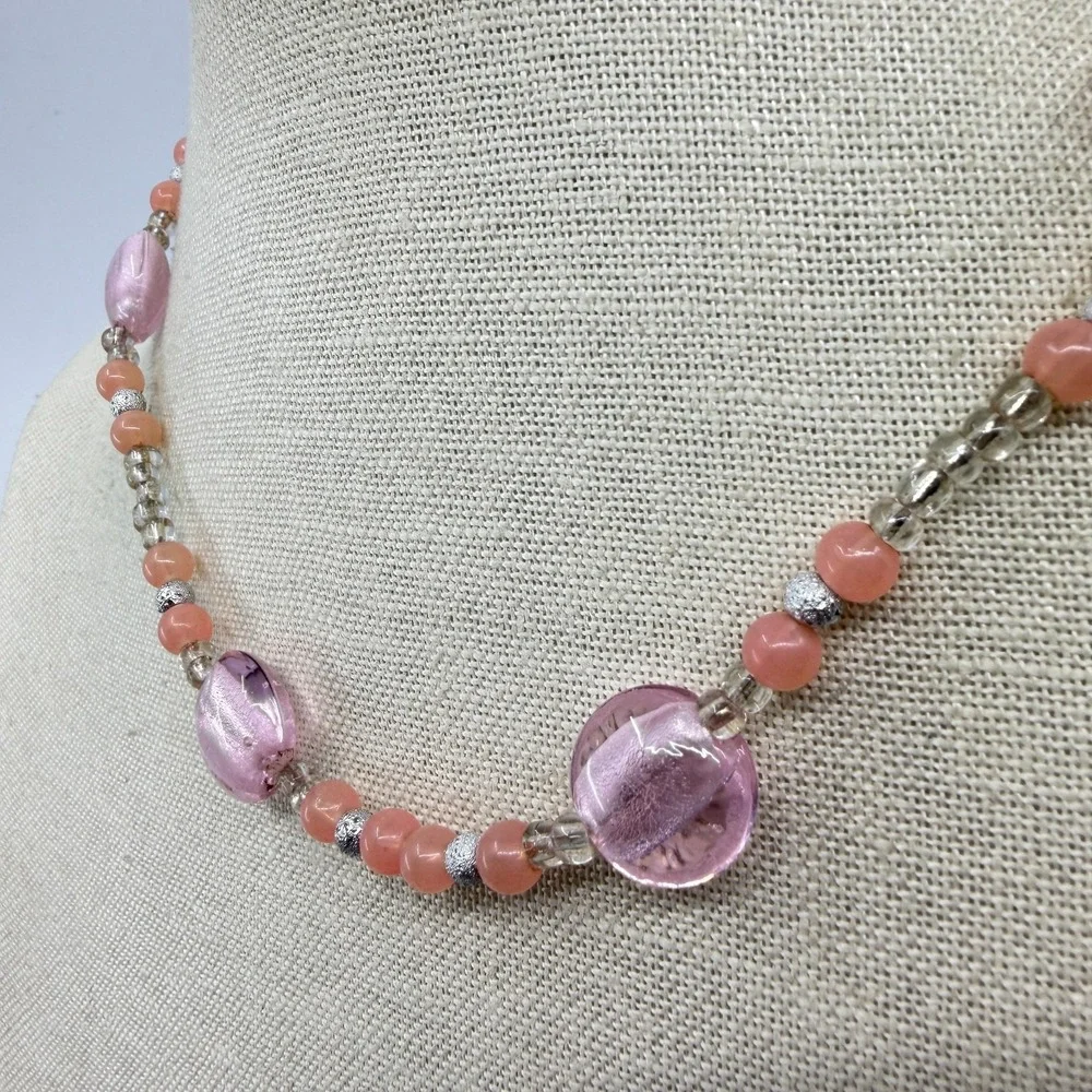 Necklace Pink Foil Glass Bead Peach Coral Silver Tone Boho Artisan Statement